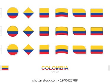 Bandera colombiana puesta, simples banderas de Colombia con tres efectos diferentes. Ilustración vectorial.
