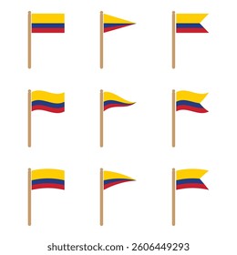 Colombia flag set, various styles, with pole, isolated, vector, icons