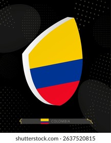 Colombia Flag Shield icon in 3D on Dark Modern Abstract Rugby Background. Perfect for sports events, heritage themes, national celebrations, and patriotic designs.