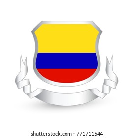 Colombia flag in shield and ribbon. Vector illustration.