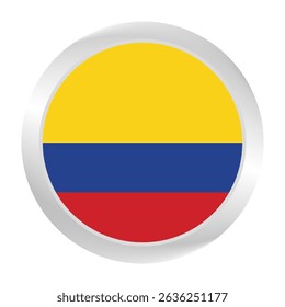 Bandeira da Colômbia.  Moldura de prata. Logotipo do ícone do sinalizador de círculo. Redondo brilhante. Ícone Sinalizador. Cor padrão. Ilustração digital. 