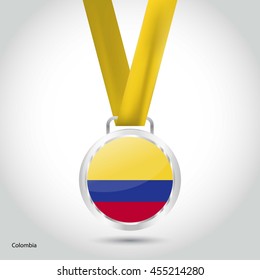 Colombia Flag in Silver Medal. Vector Illustration. RIO Olympic Game silver Medal. Vector Illustration