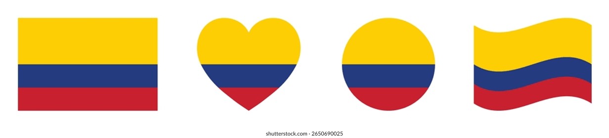 Colombia flags set in square, heart, circle and waving formats designs element. Colombia flags collection. Set of Colombian flags icons isolated on white background. Vector illustration.