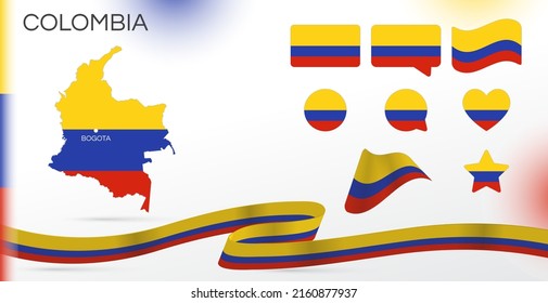 Colombia flags set. Various designs. Map and capital city. World flags. Vector set. Circle icon. Template for independence day. Collection of national symbols. Ribbon with colors of the flag.