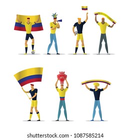 Colombia football fans. Cheerful soccer supporters crowd. vector illustration.