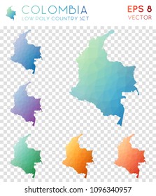 Colombia geometric polygonal, mosaic style country maps collection. Elegant low poly style, modern design for infographics or presentations.