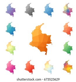 Colombia geometric polygonal, mosaic style maps collection. Bright abstract tessellation, low poly style, modern design. Colombia polygonal maps for your infographics or presentation.