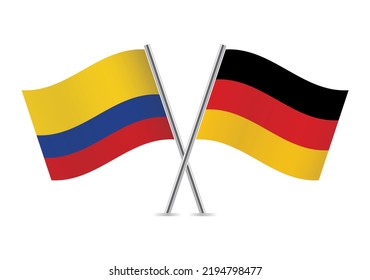 Colombia y Alemania cruzaron banderas. Banderas colombianas y alemanas sobre fondo blanco. Conjunto de iconos del vector. Ilustración vectorial.