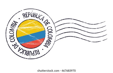 Colombia grunge postal stamp and flag on white background