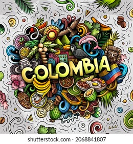 Kolumbien handgezeichnet Cartoon doodle Illustration. Funny kolumbianisches Design. Kreativer Vektorhintergrund. Handgeschriebener Text mit lateinamerikanischen Elementen und Objekten. Farbige Komposition