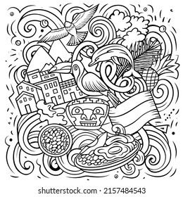 Colombia hand drawn cartoon doodles illustration. Funny Colombian travel design. Creative vector background. Latin America country elements and objects.