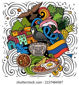 Colombia hand drawn cartoon doodles illustration. Funny Colombian travel design. Creative vector background. Latin America country elements and objects.