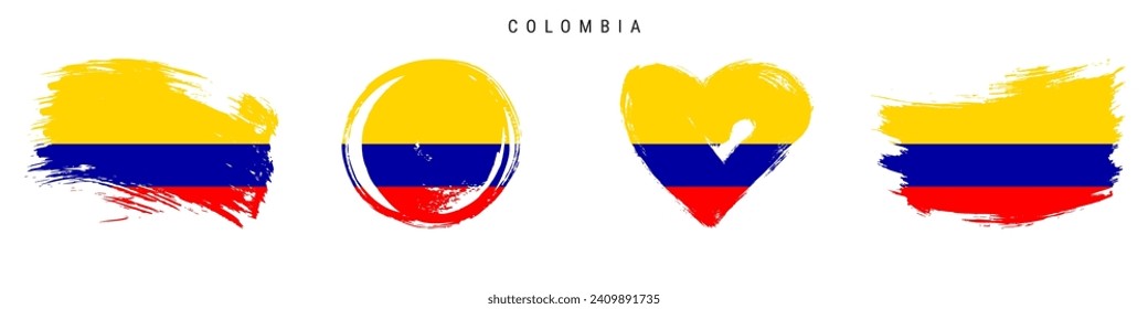 Colombia hand drawn grunge style flag icon set. Colombian banner in official colors. Free brush stroke shape, circle and heart-shaped. Flat vector illustration isolated on white.