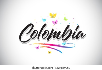 Colombia Handwritten Word Text with Butterflies and Colorful Swoosh Vector Illustration Design.