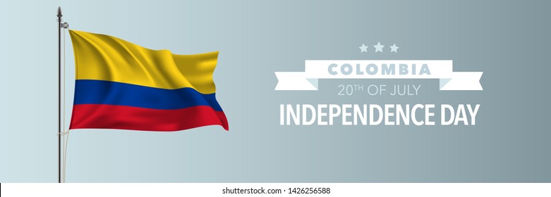 Colombia happy independence day greeting card, banner vector illustration. Colombian national holiday 20th of July design element with waving flag on flagpole 