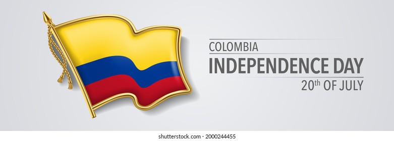 Colombia happy independence day greeting card, banner with template text vector illustration. Colombian memorial holiday 20th of July design element with 3D flag with stripes