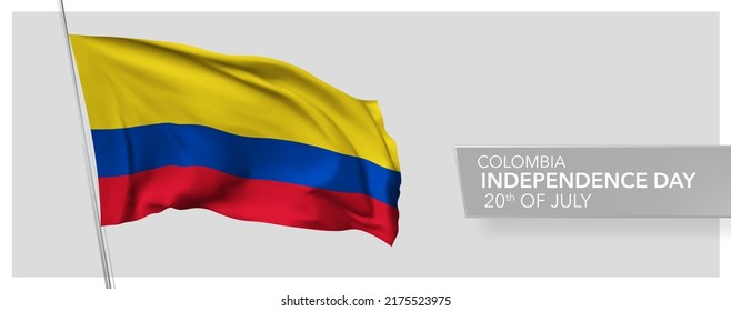Colombia happy independence day greeting card, banner vector illustration. Colombian national holiday 20th of July design element with 3D flag