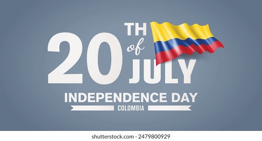 Colombia happy independence day greeting card, banner with template text vector illustration. Colombian memorial holiday 20th of July design element with 3D flag with stripes