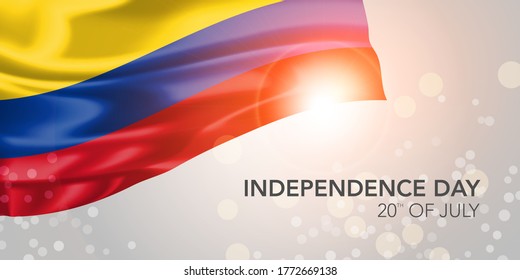 Colombia happy independence day vector banner, greeting card. Colombian realistic wavy flag in 20th of July national patriotic holiday horizontal design
