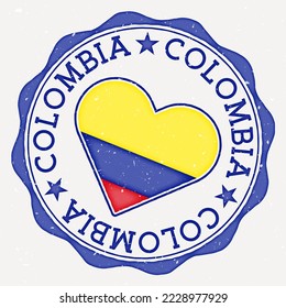 Colombia heart flag logo. Country name text around Colombia flag in a shape of a heart. Captivating vector illustration.
