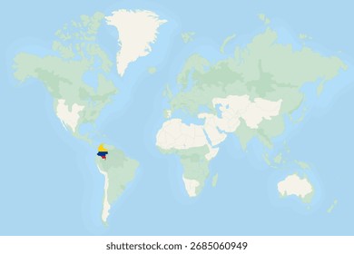 Colombia destacada en el mapa mundial con bandera nacional. Mapa mundial del Vector con Colombia resaltado usando su bandera nacional.