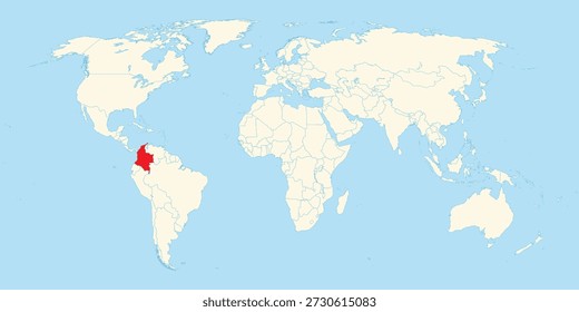 Colombia destacada en rojo en el mapa mundial para fines de investigación geográfica y Identificación del territorio sudamericano