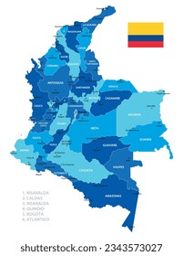 
Mapa muy detallado de Colombia. Ilustración azul vectorial con fronteras, ciudades y bandera nacional