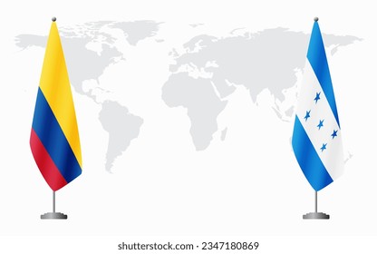 Colombia and Honduras flags for official meeting against background of world map.