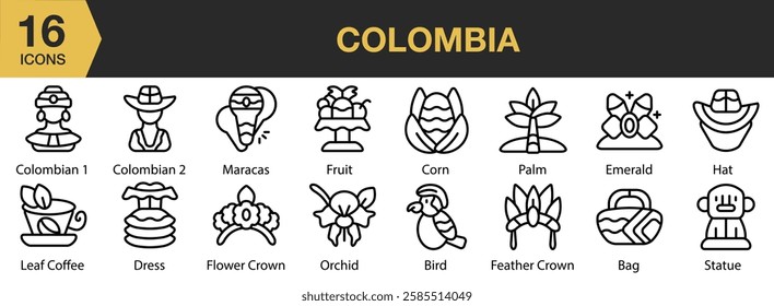 Colombia icon set. Includes travel, colombia, destination, architecture, colombian, and More. Outline icons vector collection.