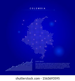 Colombia illuminated map with glowing dots. Infographics elements. Dark blue space background. Vector illustration. Growing chart, lorem ipsum text.