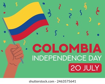 Colombia independence day 20 July. Colombia flag in hand. Greeting card, poster, banner template	