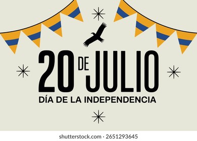 Banner do Dia da Independência da Colômbia, 20 de julho, celebração patriótica, feriado nacional, desenho festivo, fundo da bandeira colombiana