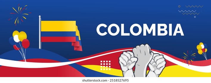 Colombia Independence Day banner. Creative horizontal poster with Colombian flag and raised hand. Modern background for national day greeting cards, holidays, sport events and web header