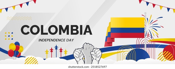 Colombia Independence Day banner. Creative horizontal poster with Colombian flag and raised hand. Modern background for national day greeting cards, holidays, sport events and web header