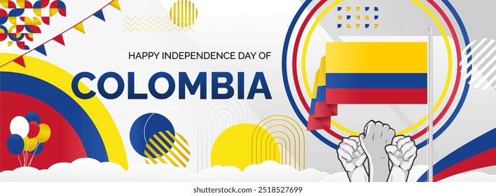 Colombia Independence Day banner. Creative horizontal poster with Colombian flag and raised hand. Modern background for national day greeting cards, holidays, sport events and web header