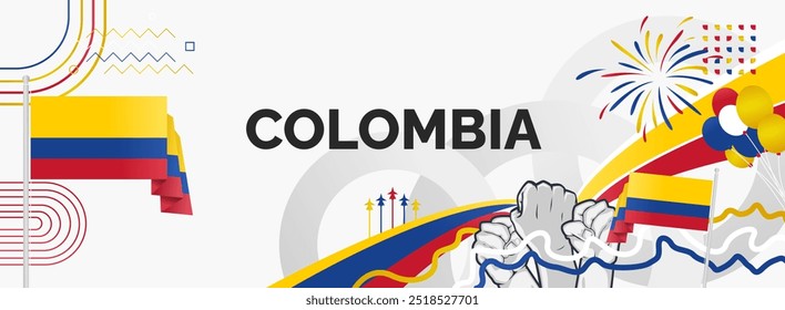 Colombia Independence Day banner. Creative horizontal poster with Colombian flag and raised hand. Modern background for national day greeting cards, holidays, sport events and web header