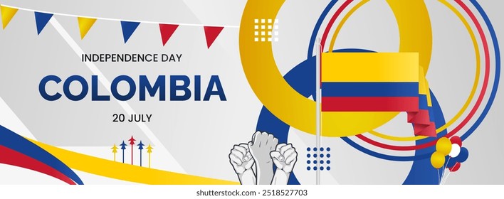 Colombia Independence Day banner. Creative horizontal poster with Colombian flag and raised hand. Modern background for national day greeting cards, holidays, sport events and web header