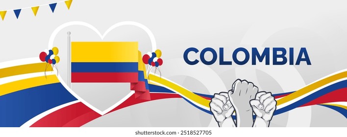 Colombia Independence Day banner. Creative horizontal poster with Colombian flag and raised hand. Modern background for national day greeting cards, holidays, sport events and web header