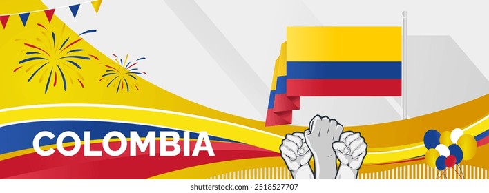 Colombia Independence Day banner. Creative horizontal poster with Colombian flag and raised hand. Modern background for national day greeting cards, holidays, sport events and web header