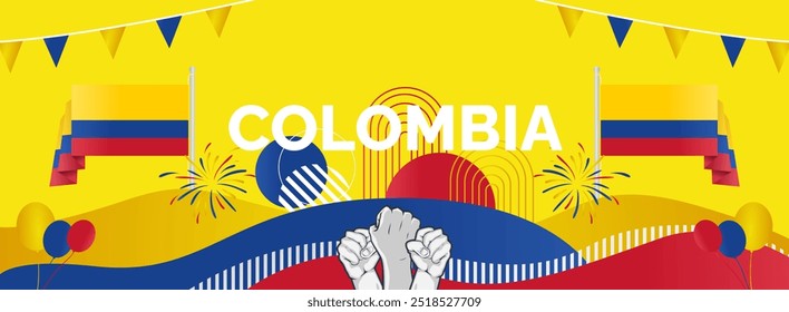 Colombia Independence Day banner. Creative horizontal poster with Colombian flag and raised hand. Modern background for national day greeting cards, holidays, sport events and web header