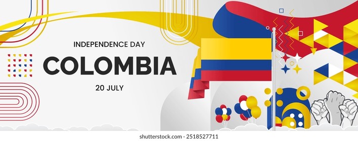 Colombia Independence Day banner. Creative horizontal poster with Colombian flag and raised hand. Modern background for national day greeting cards, holidays, sport events and web header