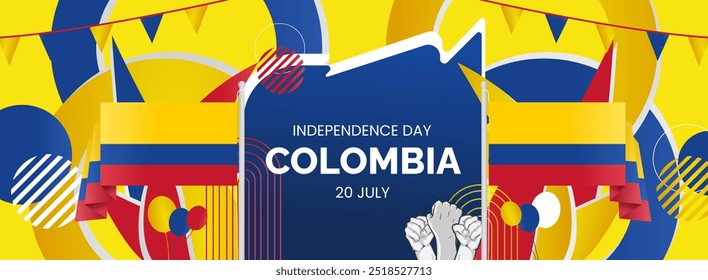 Colombia Independence Day banner. Creative horizontal poster with Colombian flag and raised hand. Modern background for national day greeting cards, holidays, sport events and web header