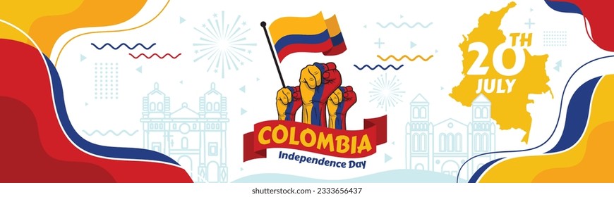 colombia independence day banner with flag and fist