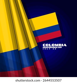 Dia da Independência da Colômbia para comemorar em 20 de julho. Bandeira colombiana no fundo azul escuro. Feliz Dia da Independência.