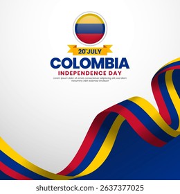 Colombia independence day greeting card, square banner background with waving ribbon flag