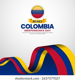 Colombia independence day greeting card, square banner background with waving ribbon flag
