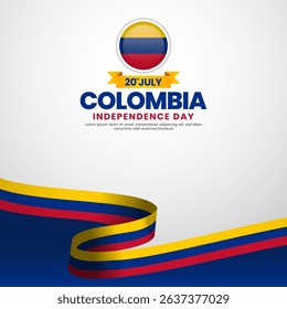Colombia independence day greeting card, square banner background with waving ribbon flag