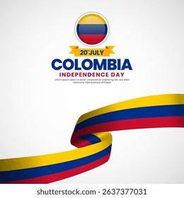 Colombia independence day greeting card, square banner background with waving ribbon flag