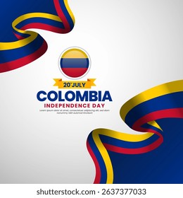 Colombia independence day greeting card, square banner background with waving ribbon flag