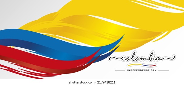 Colombia Independence day, handwritten lettering calligraphy, abstract flag of Colombia white background banner